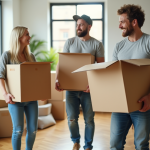 Trois jeunes en déménagement dans un appartement lumineux
