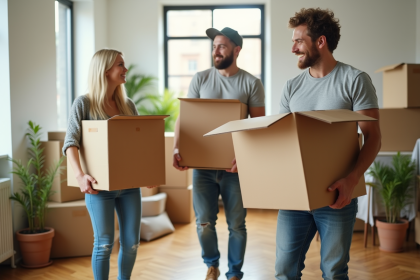 Trois jeunes en déménagement dans un appartement lumineux