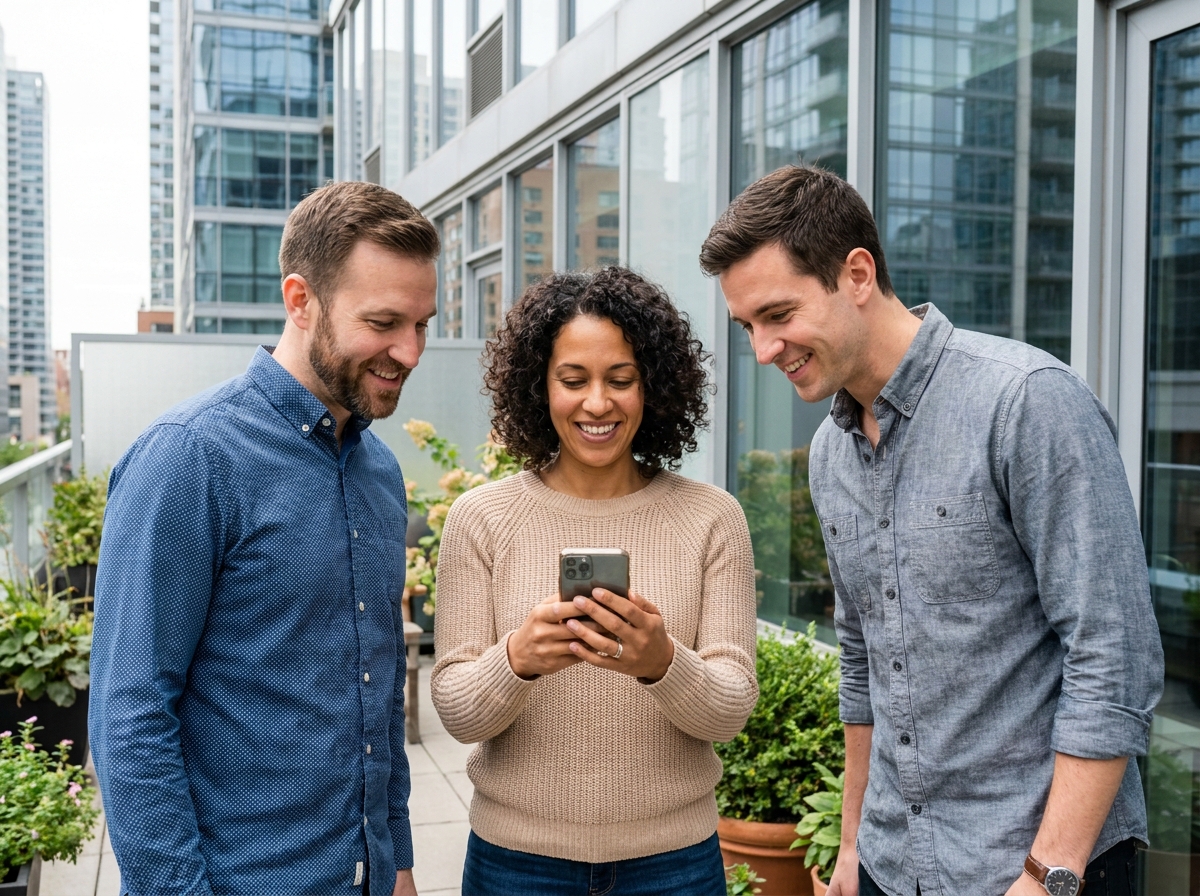 Trois adultes souriants vérifiant un smartphone en extérieur sur une terrasse urbaine
