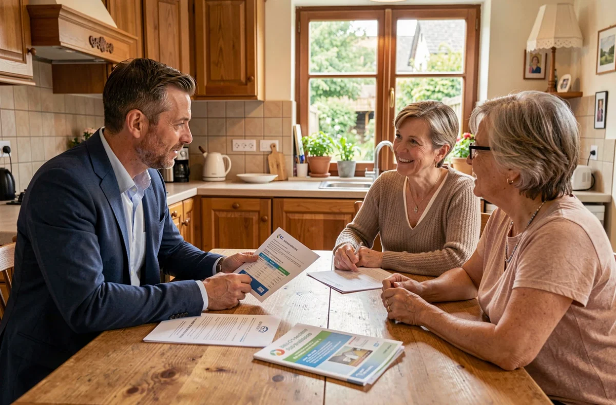 Conseiller Hellio présentant les aides CEE et un accompagnement de rénovation d'ampleur à un couple de propriétaires dans leur maison