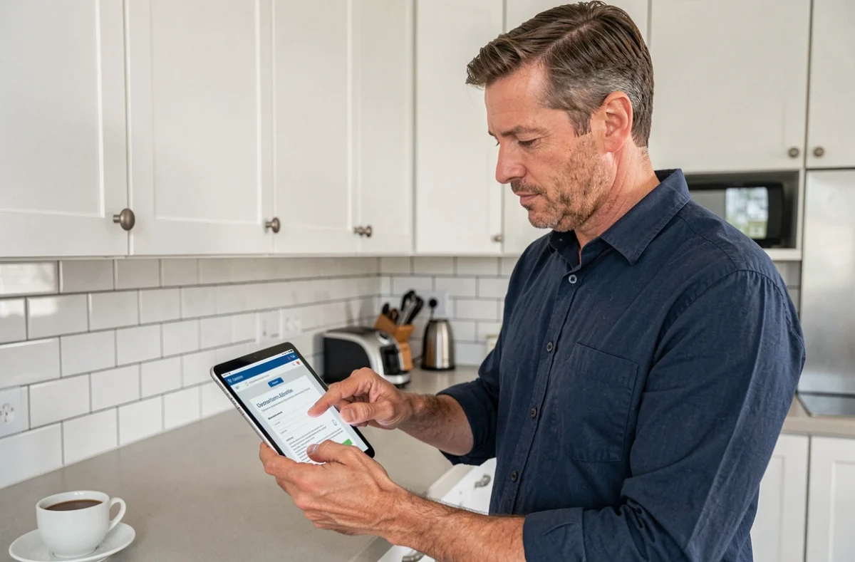 Homme consultant et actualisant son dossier de demande de logement social sur une tablette dans sa cuisine