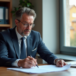 Homme d'affaires en costume examine un contrat dans un bureau moderne