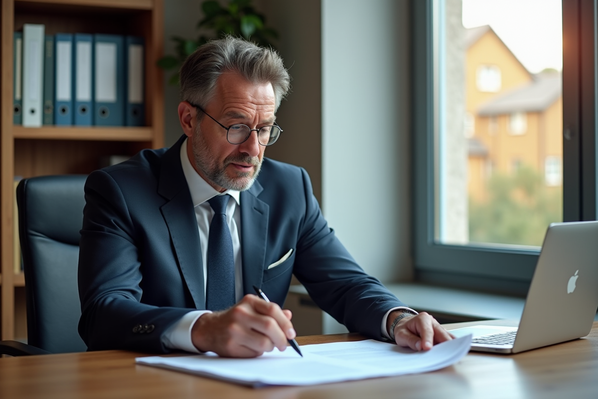 Homme d'affaires en costume examine un contrat dans un bureau moderne