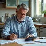 Homme d'affaires concentré sur ses papiers et calculatrice