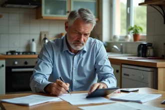 Homme d'affaires concentré sur ses papiers et calculatrice