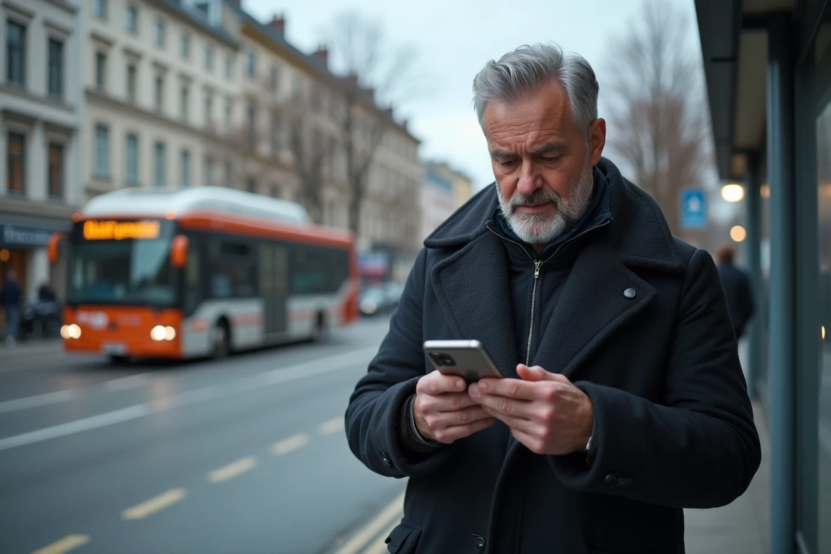 Homme vérifiant une application de logement dans la rue