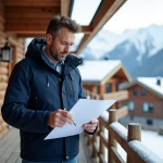 Homme en parka bleu et jeans regardant des plans devant un chalet alpin
