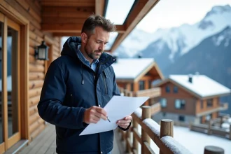 Homme en parka bleu et jeans regardant des plans devant un chalet alpin
