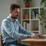 Homme concentré travaillant sur son ordinateur dans un appartement