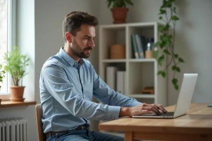 Homme concentré travaillant sur son ordinateur dans un appartement