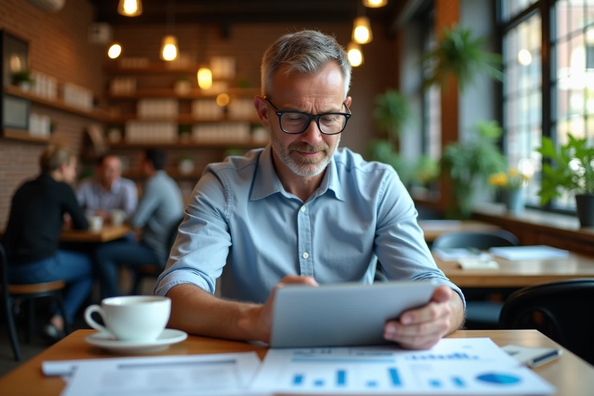 Homme d age moyen lisant guide investissement au cafe