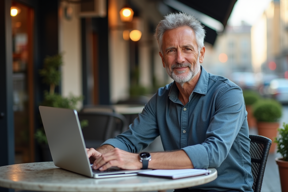 Homme d âge moyen travaillant dans un café urbain
