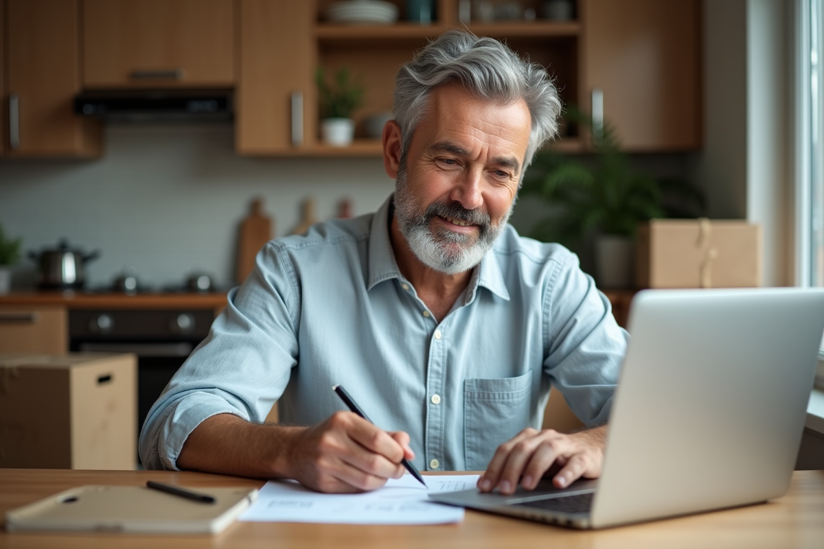 Homme calculant le volume de demenagement avec un ordinateur