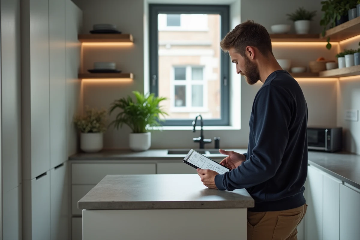 Homme consultant une calculatrice de surface en m2 sur tablette dans une petite cuisine moderne optimisée