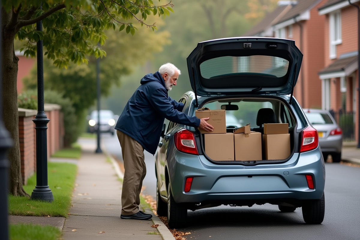 Homme chargeant des objets dans une voiture en rue résidentielle