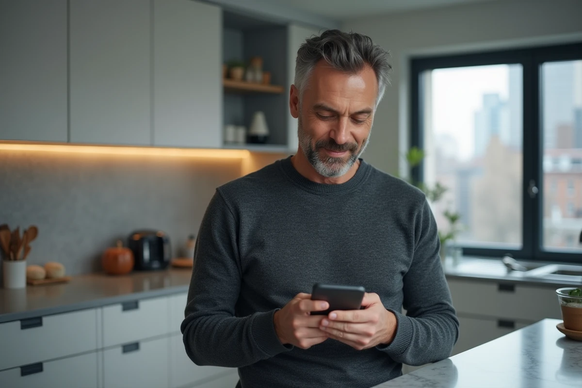 Homme consultant son compte de location sur smartphone dans une cuisine moderne