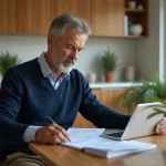 Homme d'âge moyen concentré à la cuisine avec documents