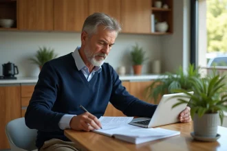 Homme d'âge moyen concentré à la cuisine avec documents