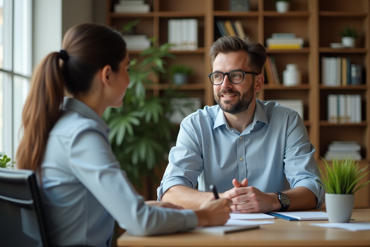 Homme d affaires discute avec une conseillère bancaire dans un bureau