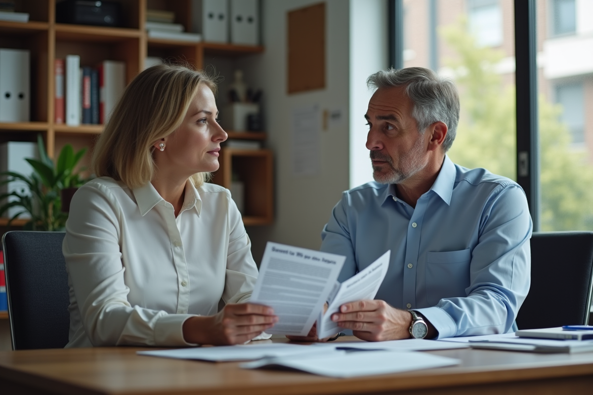 Homme et femme discutant au bureau avec brochure locataire