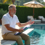 Homme d'âge moyen assis près de la piscine avec dossier