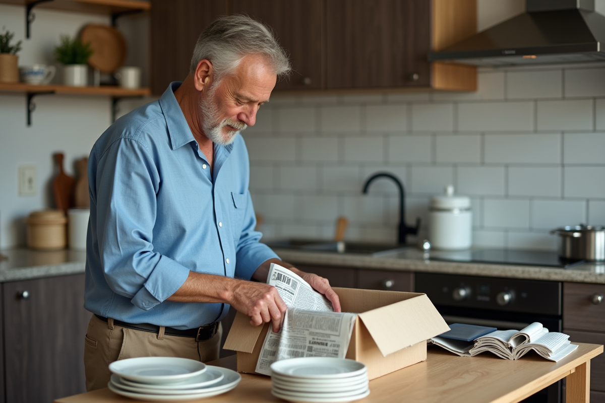 Homme emballant de la vaisselle dans la cuisine pour déménagement