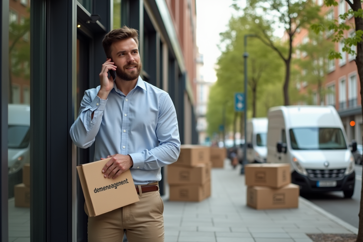 Homme parlant au téléphone devant un bâtiment en déménagement
