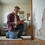 Homme d'âge moyen examine un mur endommagé par l'eau dans une maison