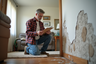 Homme d'âge moyen examine un mur endommagé par l'eau dans une maison