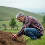 Homme d'âge moyen en extérieur examine le sol dans un paysage rural