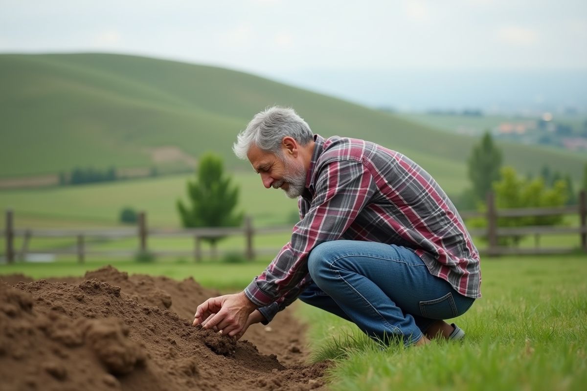 Homme d'âge moyen en extérieur examine le sol dans un paysage rural