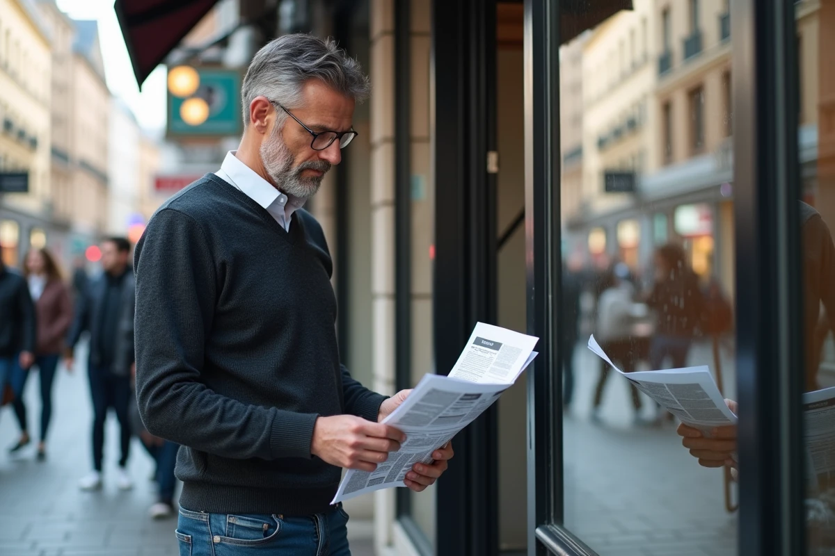 Homme regardant annonces immobilières devant agence