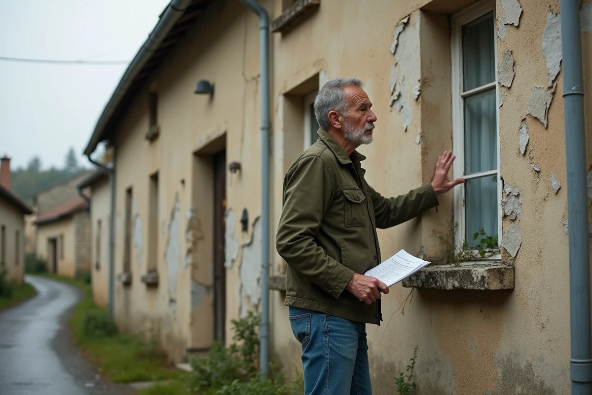 Homme examinant une maison abandonnée dans un village français tenant des documents immobiliers