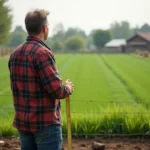 Homme mesurant un jardin vert avec ruban