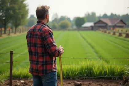 Homme mesurant un jardin vert avec ruban