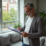Homme d'âge moyen lisant des documents dans un salon lumineux