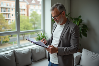 Homme d'âge moyen lisant des documents dans un salon lumineux