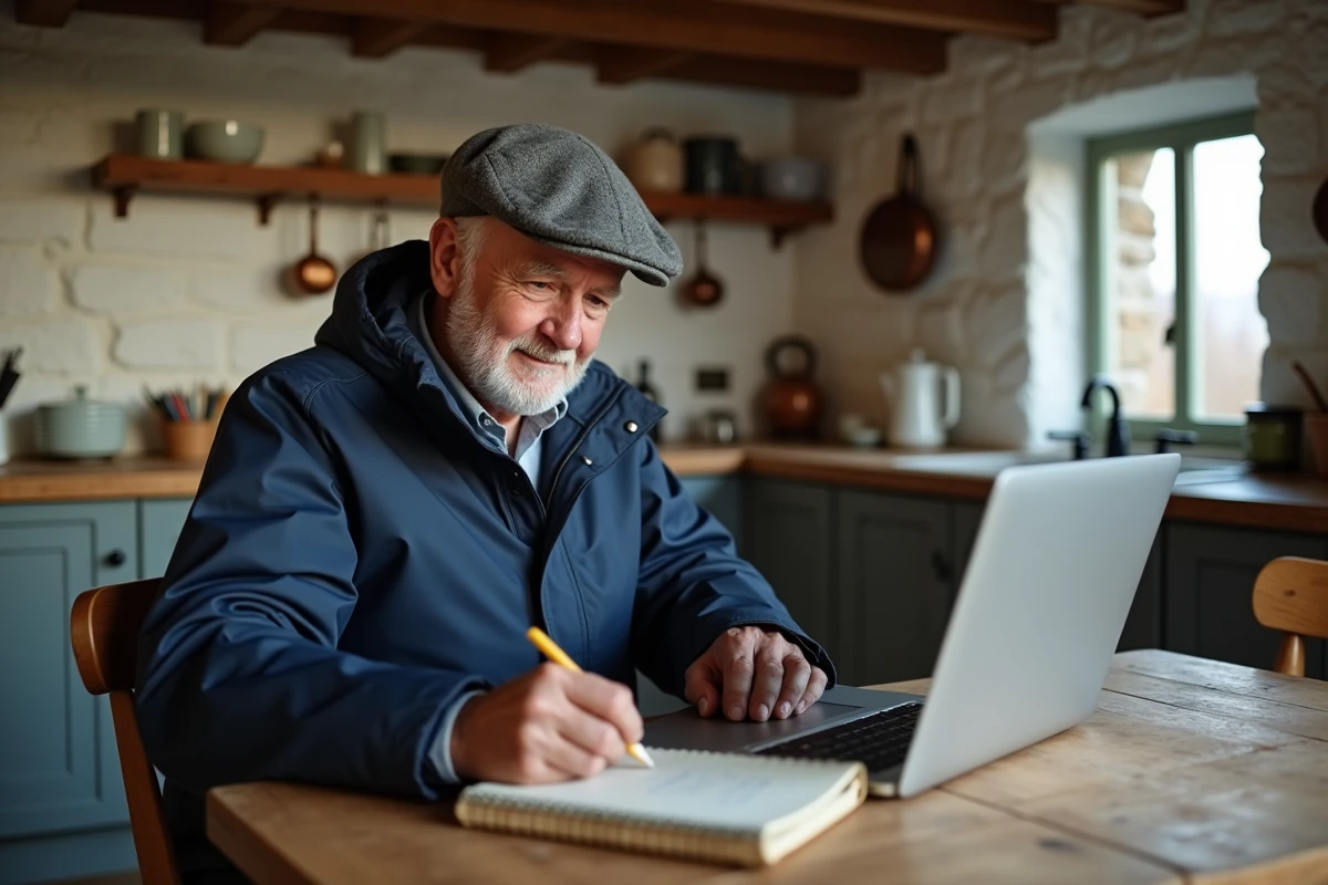 Homme âgé examinant annonces immobilières dans cuisine bretonne