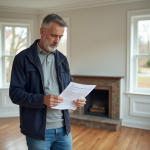 Homme d'âge moyen en tenue casual regarde ses papiers fiscaux dans un salon moderne