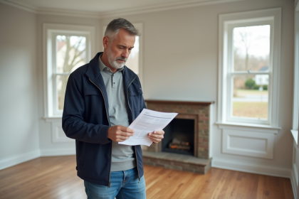 Homme d'âge moyen en tenue casual regarde ses papiers fiscaux dans un salon moderne