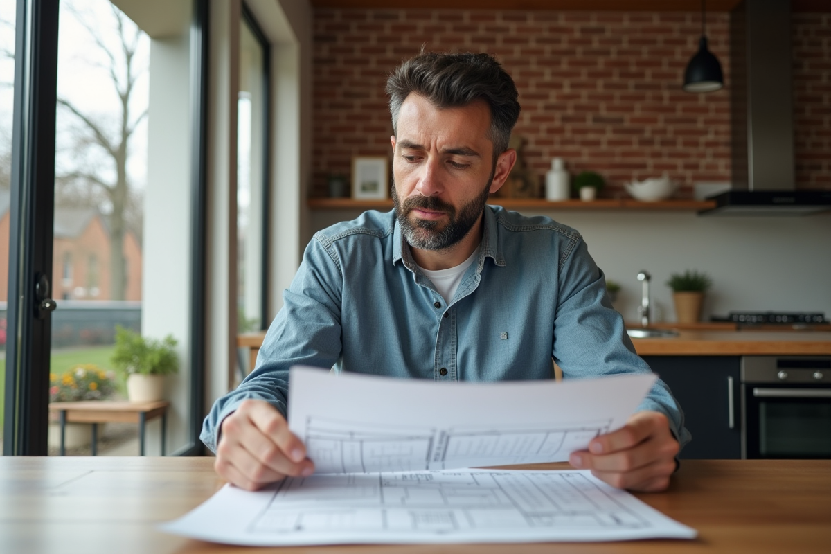 Homme d'âge moyen examinant des plans de construction dans une maison