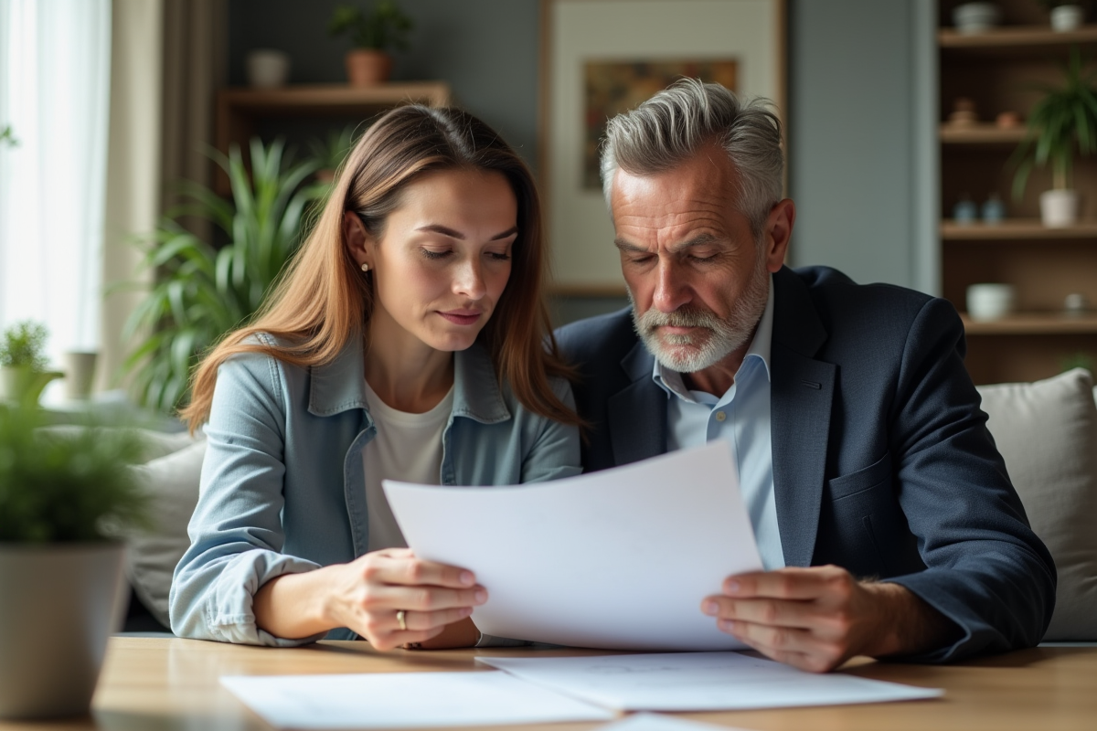 Homme examine un document de prêt immobilier à la maison
