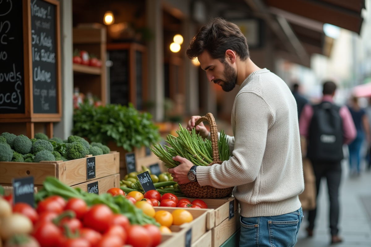 Jeune homme achetant des légumes au marché en plein air