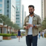 Homme détendu vérifiant sa smartwatch devant Almas Tower