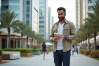 Homme détendu vérifiant sa smartwatch devant Almas Tower