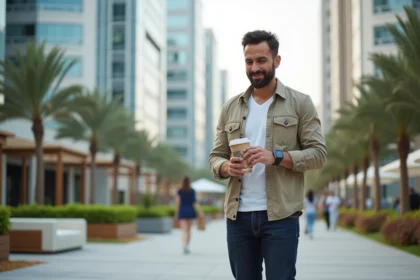 Homme détendu vérifiant sa smartwatch devant Almas Tower