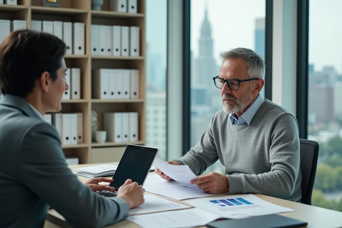 Homme d age examine documents hypothécaire en bureau