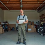 Homme en overalls dans un garage encombré d'outils et de boîtes