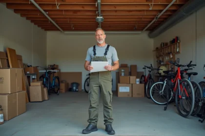 Homme en overalls dans un garage encombré d'outils et de boîtes
