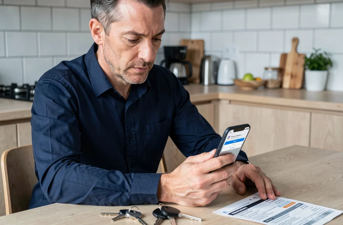 Homme vérifiant la réinitialisation de son mot de passe My Foncia sur smartphone dans une cuisine moderne